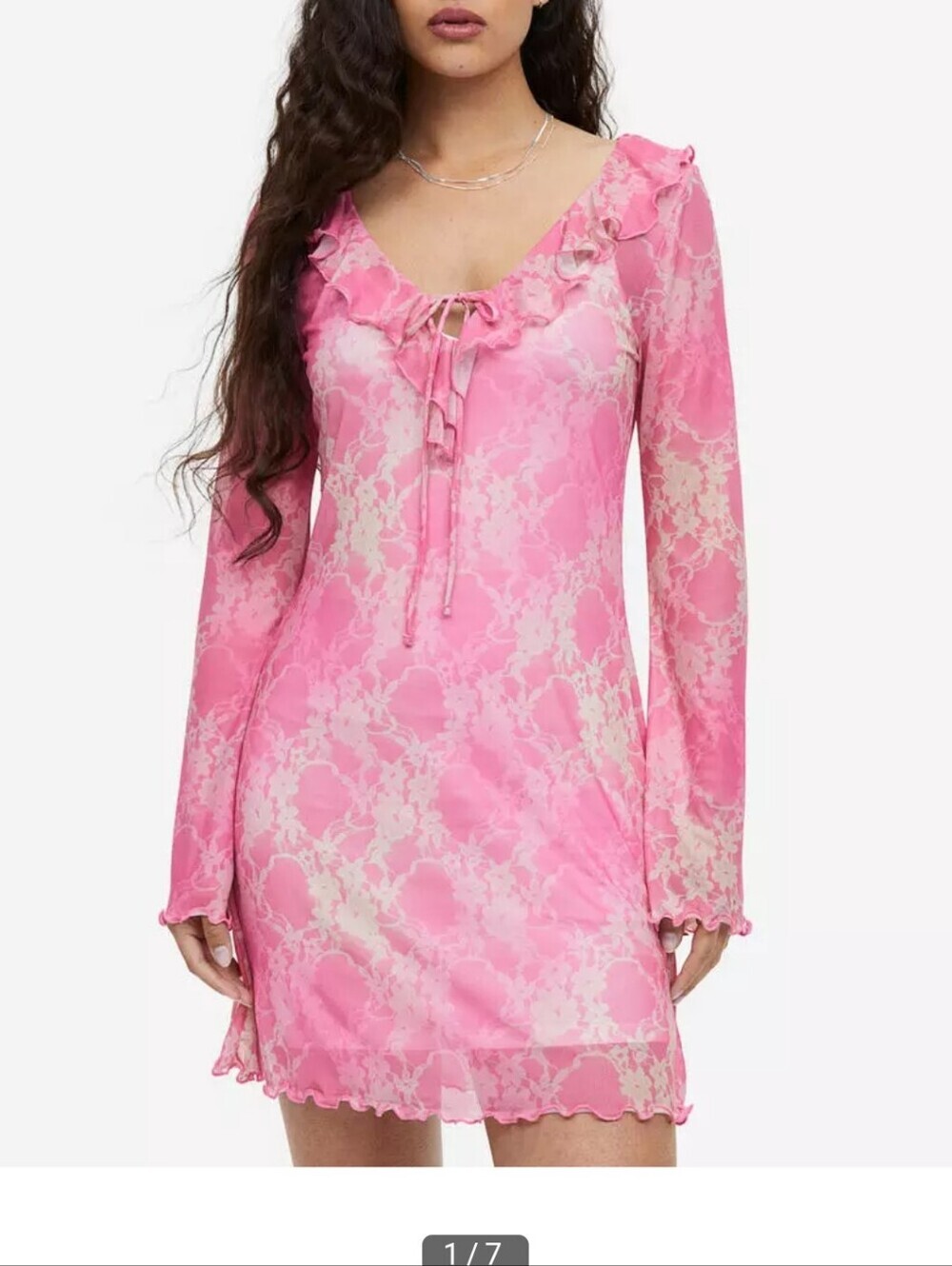 Y2k Boho  Pink Mini Dress with Cream Lace-Effect Flounce-trimmed mesh